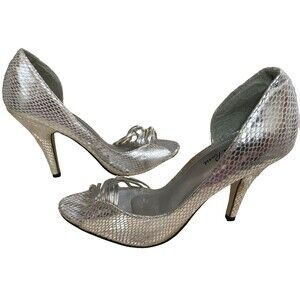 Charlotte Russe Shoes High Heel Open‎ Toe Strappy Faux Snakeskin Y2K Silver 8